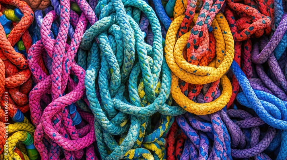 Poster a colorful background filled with vibrant climbing ropes in various patterns, showcasing the rich te