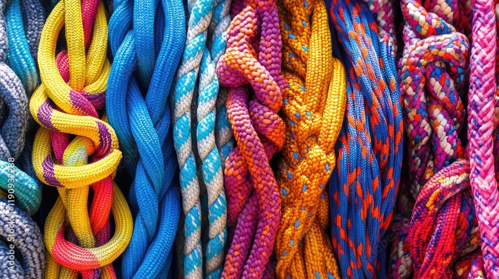 Poster a colorful background filled with vibrant climbing ropes in various patterns, showcasing the rich te