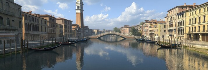 Naklejka premium Gondolas Gliding Through a Picturesque Canal Surrounded by Historic European Architecture