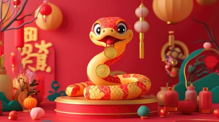 Naklejka premium A colorful Chinese Lunar New Year scene with a cute cartoon snake wrapped around a golden coin, displayed on a podium with traditional festive elements and red patterns for CNY 2025