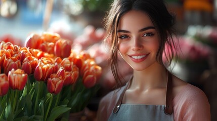 Young female florist smiling among vibrant tulips in a sunny shop setting