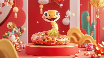 Fototapeta premium A colorful Chinese Lunar New Year scene with a cute cartoon snake wrapped around a golden coin, displayed on a podium with traditional festive elements and red patterns for CNY 2025