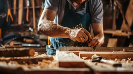 A carpenter measuring and cutting wood in a busy workshop, with sawdust and woodworking tools scattered around, Carpentry scene