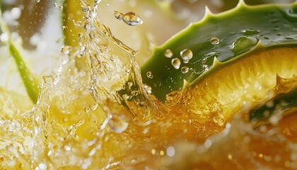 Close-Up Of Aloe Slices And Fresh Juice Splashing, Captured In Detail For A Vibrant And Refreshing Image. Perfect For Summer!