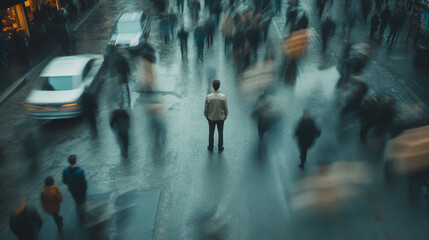 Lone Man Stands Still Amidst a Blurry Moving Crowd