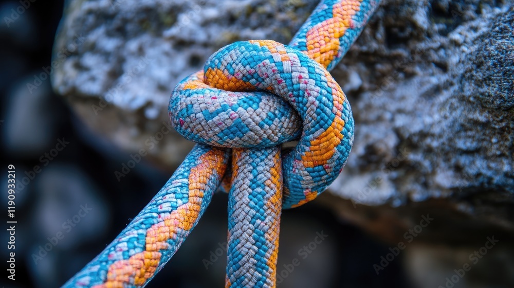 Poster a colorful rope tied with an eight knot against a rocky backdrop, emphasizing climbing safety techni