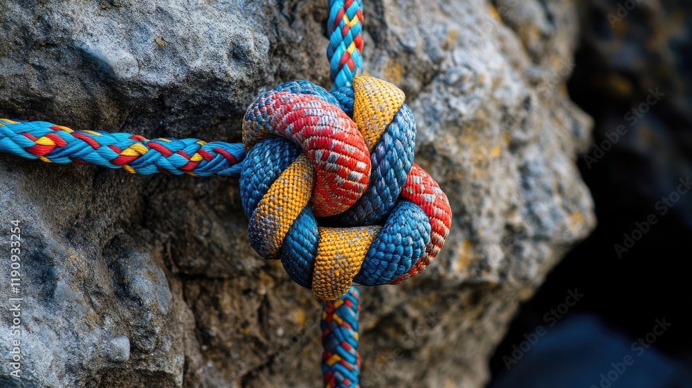 Poster a colorful rope tied with an eight knot against a rocky backdrop, emphasizing climbing safety techni