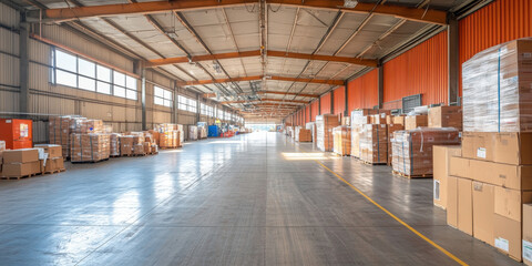 Large industrial warehouse interior with stacked pallets and boxes