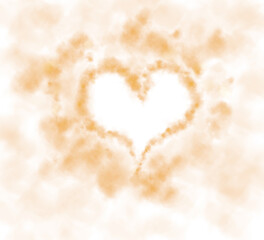 Realistic smoky orange fluffy heart shaped cloud on transparent background. Romantic golden translucent smoke floating in the shape of a heart. PNG.