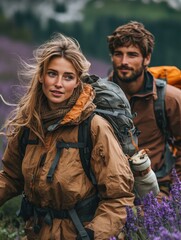 Fototapeta premium A male and female couple climbing a mountain together using jackets and complete climbing equipment through a lavender savanna in the afternoon