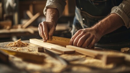 A carpenter measuring and cutting wood in a busy workshop, with sawdust and woodworking tools scattered around, Carpentry scene
