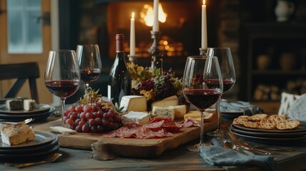 Fototapeta premium A cozy dining table scene featuring multiple red wine glasses, a variety of cheeses and meats on a charcuterie board, and rustic table decor to create a welcoming atmosphere