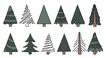 Obraz premium Set of hand drawn linear Christmas trees. Modern Christmas green trees in doodle style. Design for holiday greeting cards, packaging, decor. Vector