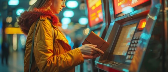 A young woman uses an ATM machine in a brightly lit night city. Perfect for articles about financial technology and urban life.