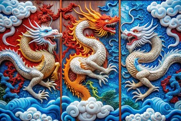Obraz premium Ornate Dragon Triptych Relief: White, Blue, and Red Dragons in Intricate Carving