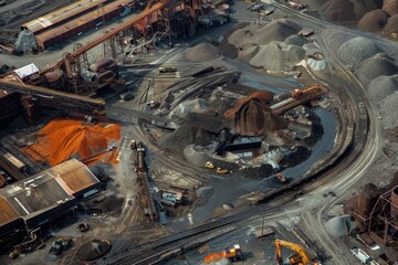 Aerial view of an industrial site with piles of materials and machinery.