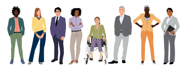 Multinational business team. Vector illustration of diverse cartoon men, women of various ethnicities, ages, body types in casual office outfits. Set of different business people Isolated