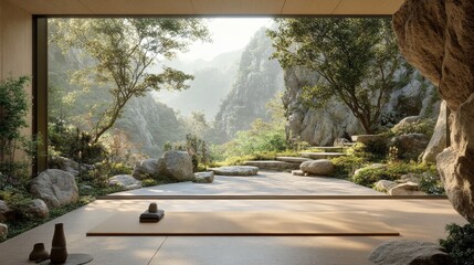 Open tropical yoga studio place with view outside to the beautiful garden with palm trees and ocean.