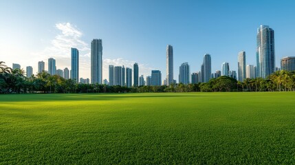 Fototapeta premium A panoramic view of modern skyscrapers beside a lush green field under a clear blue sky, showcasing urban landscape and nature's harmony.