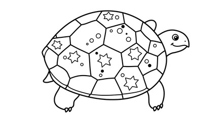A turtle shell with a pattern of large hexagonal and pentagonal sections. Each section contains a simple design, such as a dot or a star on it.