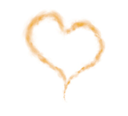 Realistic smoky orange fluffy heart shaped cloud on transparent background. Romantic golden translucent smoke floating in the shape of a heart. PNG.