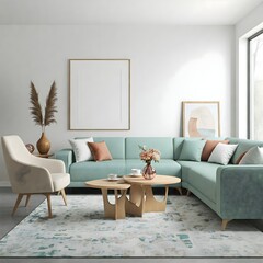 Fototapeta premium minimalist living room bathed in natural light from a large window. Frame mockup, Living room wall poster mockup. Interior mockup with house background. Modern interior design. 