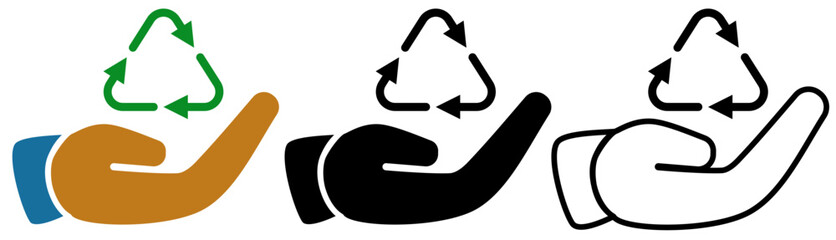 hand icon with recycling arrow, simple flat style, pictogram logo sign symbol vector illustration, isolated on white for mobile app