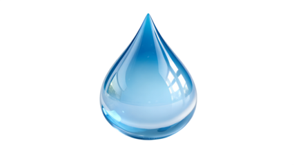 A hyper-realistic blue water droplet, perfectly shaped, with a shiny and reflective surface. The droplet is smooth and translucent, glowing with soft white highlights and subtle gradients 