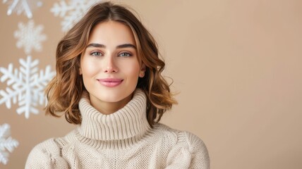 A smiling woman in a cozy sweater poses against a warm backdrop with snowflake decorations, exuding a cheerful winter vibe.