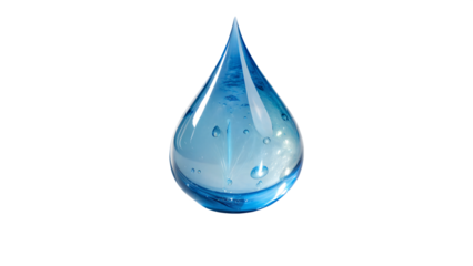 A hyper-realistic blue water droplet, perfectly shaped, with a shiny and reflective surface. The droplet is smooth and translucent, glowing with soft white highlights and subtle gradients 