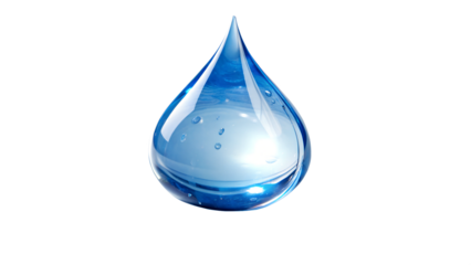 A hyper-realistic blue water droplet, perfectly shaped, with a shiny and reflective surface. The droplet is smooth and translucent, glowing with soft white highlights and subtle gradients 