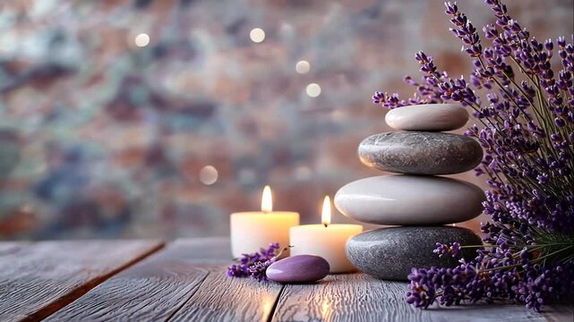 Stacked stones, lavender, candles on wood. Tranquil spa scene.
