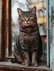 Tabby Cat Sitting on a Window Sill Overlooking an Urban Street Scene with Vibrant City Life