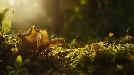 Enchanting forest scene with sunlight illuminating a wild mushroom amidst lush greenery, perfect for nature enthusiasts and photographers.