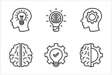 Brainstorm icon set. Containing creativity, thinking, brain, idea, creative, light bulb, mind, intelligence, imagination, plan, solution, innovation, inspiration, on a white background.
