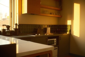 Istanbul, Turkey - December 1, 2024: Warm sunset in a modern kitchen corner featuring a countertop, sink, microwave, and coffee maker in a minimalist apartment