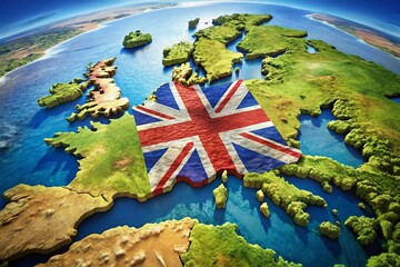 Panoramic 3D Map of the United Kingdom with National Flag