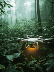 A drone in a dense forest planting seeds in hard-to-reach areas, navigating through trees with advanced technology, glowing faintly, and displaying environmental data to support global reforestation. 