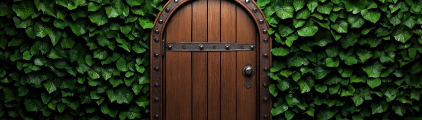 Fototapeta premium Hidden Doorway: An arched, rustic wooden door, studded with iron accents, is nestled within a vibrant wall of lush green ivy, hinting at a secret garden or hidden passage beyond.