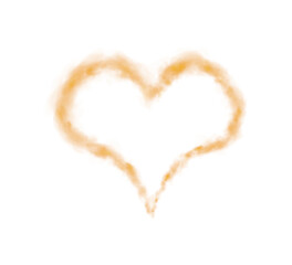 Realistic smoky orange fluffy heart shaped cloud on transparent background. Romantic golden translucent smoke floating in the shape of a heart. PNG.