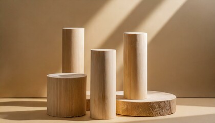 natural wood minimal pedestal podium, light beige, brown background for cosmetic product presentation, 3d rendering beige illustration.