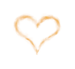 Realistic smoky orange fluffy heart shaped cloud on transparent background. Romantic golden translucent smoke floating in the shape of a heart. PNG.