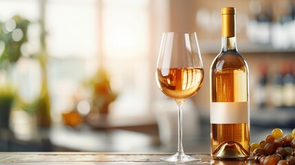 A bottle of white wine beside a filled glass, set in a warm, inviting atmosphere, showcasing a cozy dining experience.