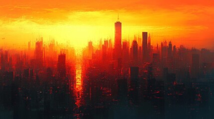 Vivid Sunset Over Urban Skyline. Generative AI