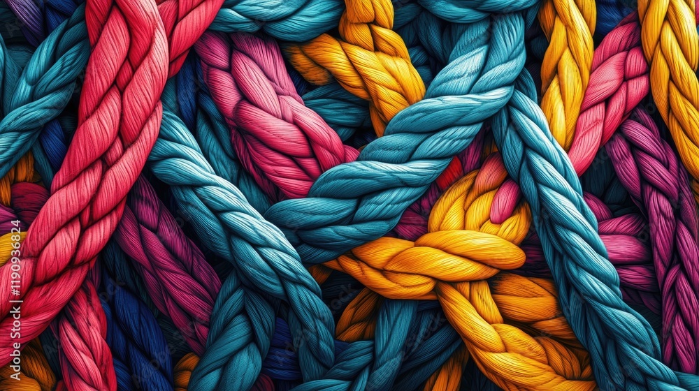 Poster A detailed image of intertwined colorful climbing ropes, creating a striking and dynamic background that captures the spirit of adventure and outdoor activities