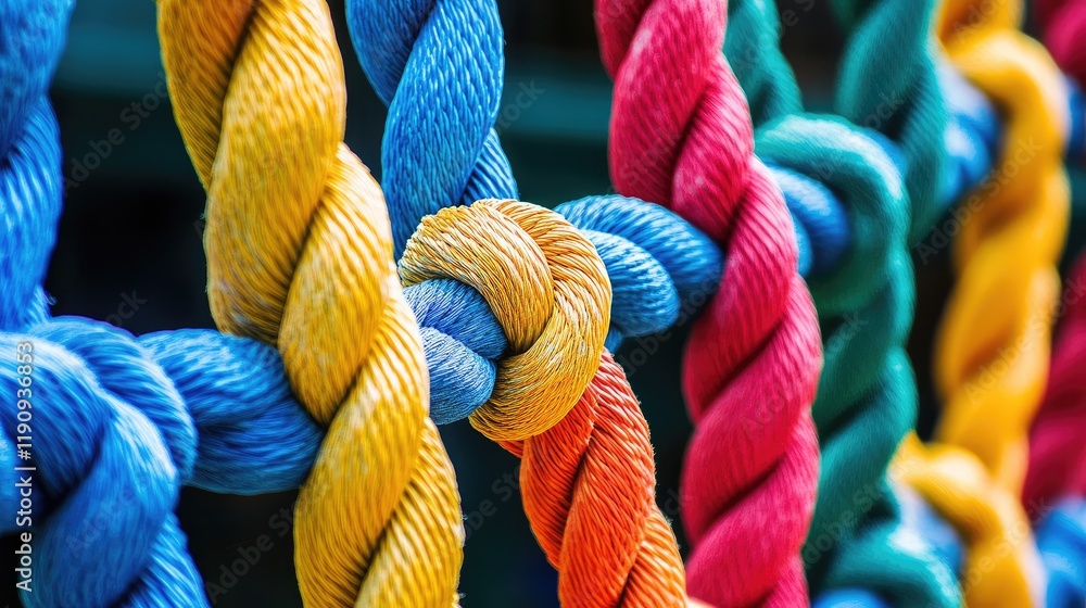 Poster A detailed image of intertwined colorful climbing ropes, creating a striking and dynamic background that captures the spirit of adventure and outdoor activities