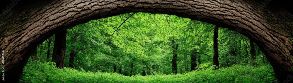 Poster into the woods: a whimsical and enchanting view through the twisted branches of a towering tree, rev