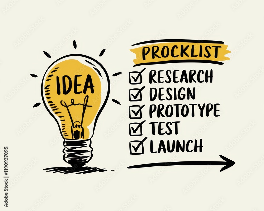 Aufkleber idea generation process checklist showing stages from research to launch