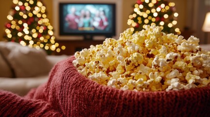 Cozy movie night with popcorn living room holiday cheer indoor close-up family entertainment
