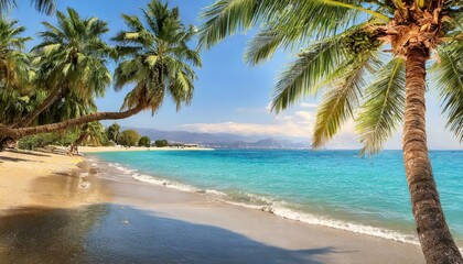 Obraz premium Beautiful tropical beach with palm trees, sunset beach seascape, design template for travel banner.